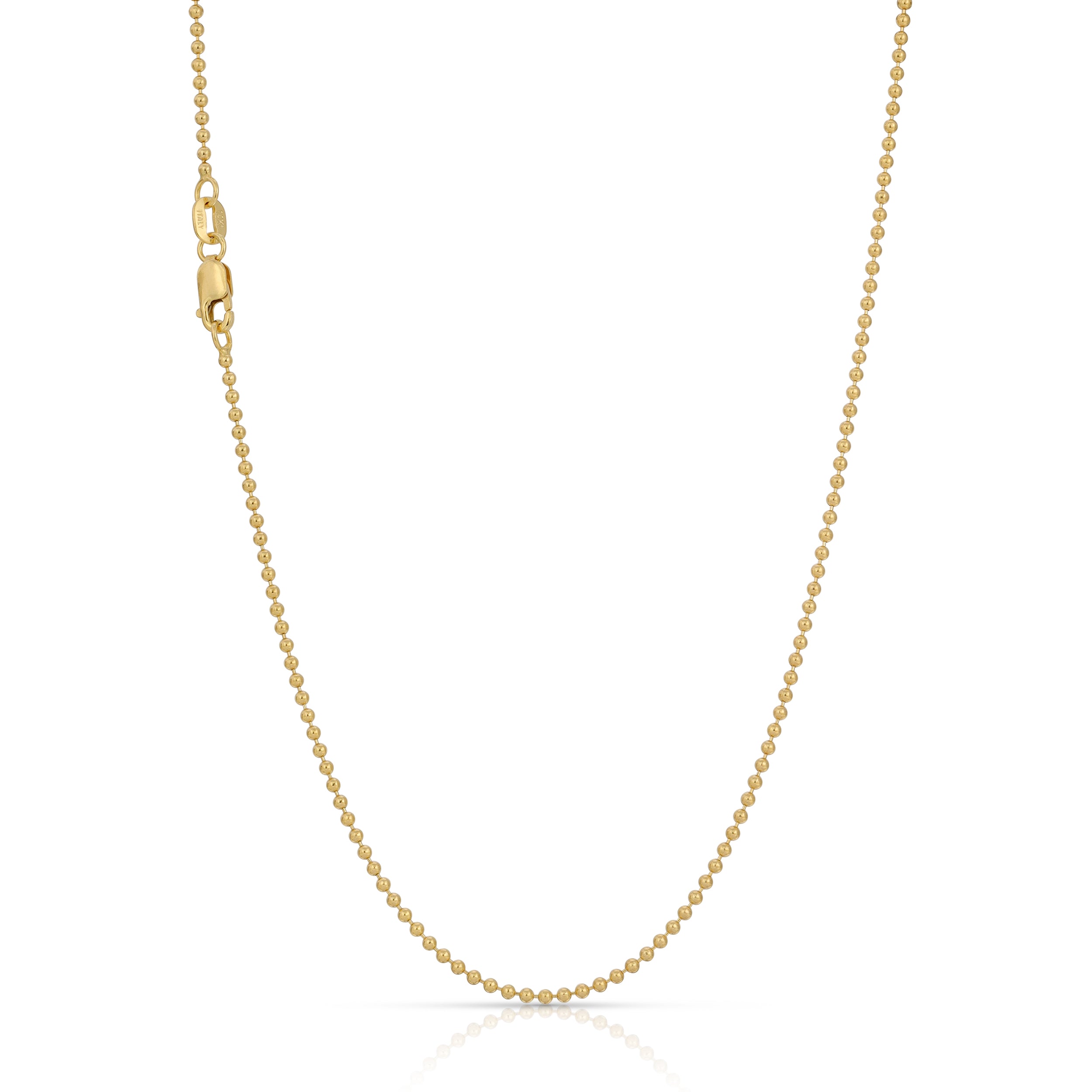 1.0mm Ball chain solid 14K yellow gold on plain white background detailed product shot made in Italy. highly polished chain.